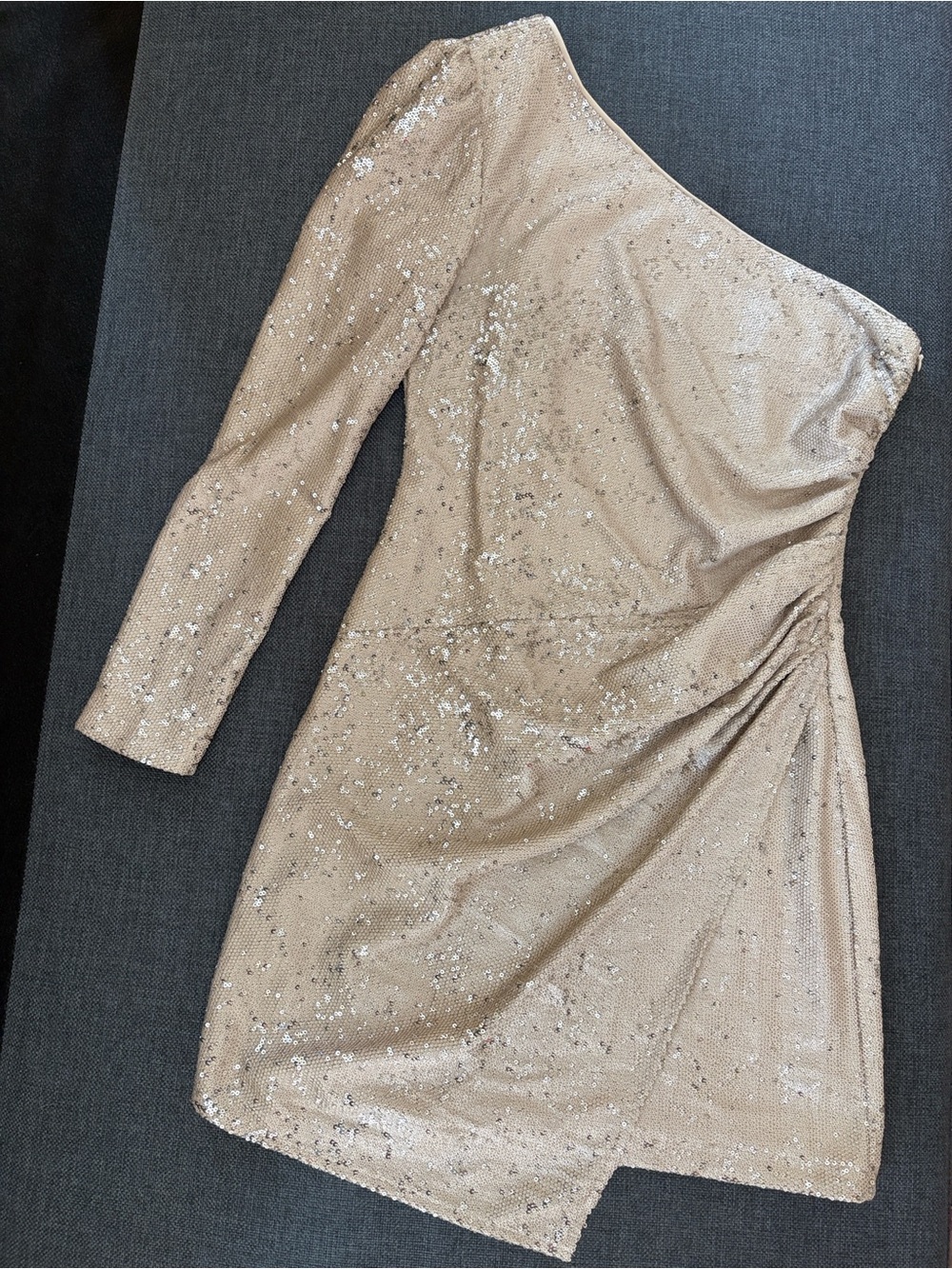 Lulu's One-Shoulder Sequin Draped Mini Dress in Champagne